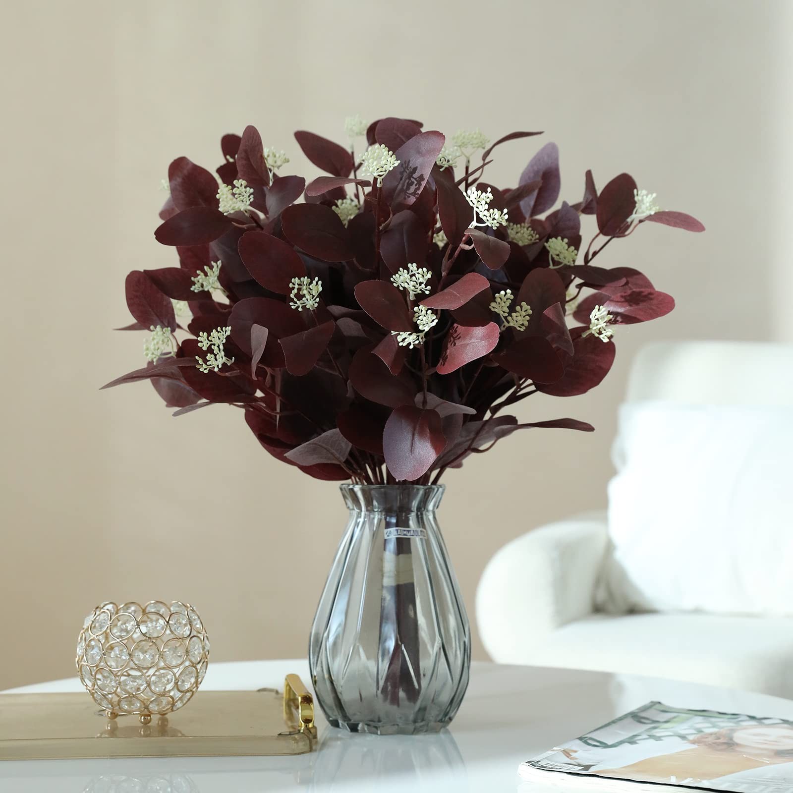 12Pcs Artificial Eucalyptus Stems, 20 Fake Silk Eucalyptu Leaves with Berries, G
