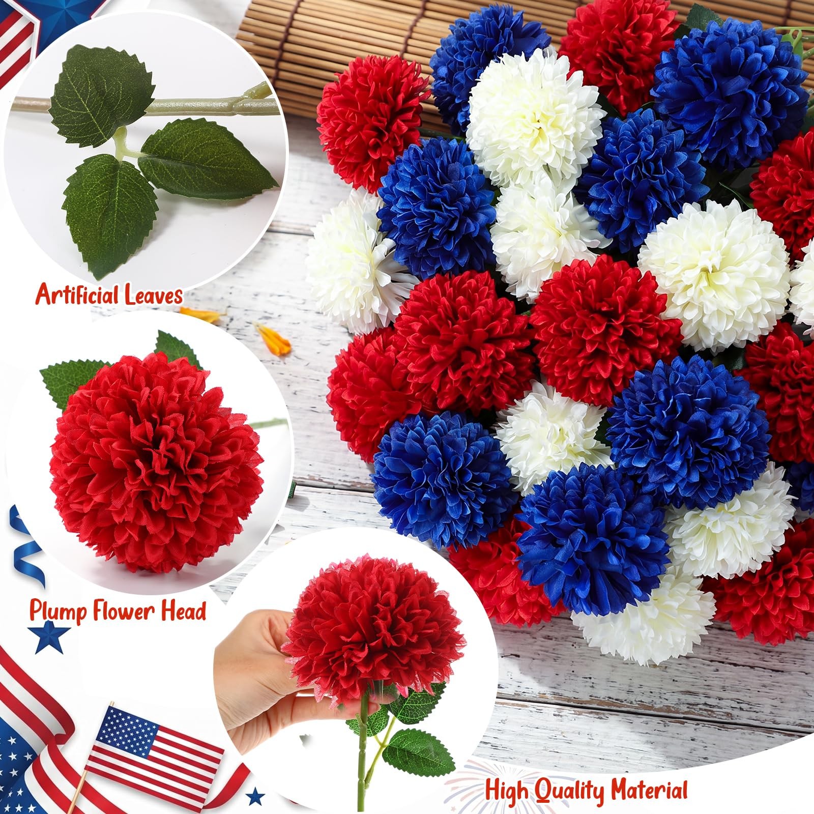 36 Pcs 4th of July Artificial Chrysanthemum Flowers 3.3″ Diameter Patriotic R…