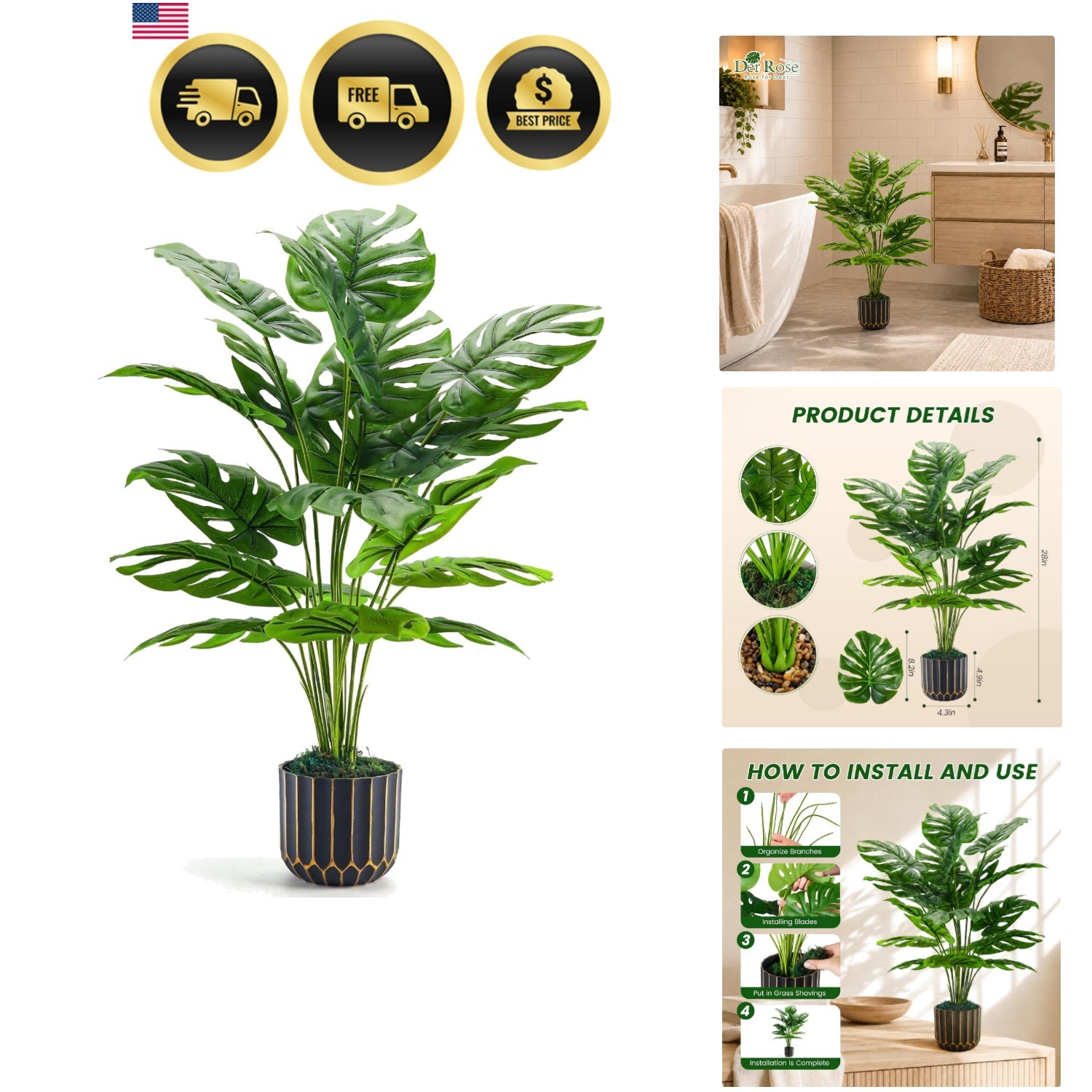 28” Fake Plants Tall Artificial Monstera Faux Plants Indoor Outdoor Tree for…