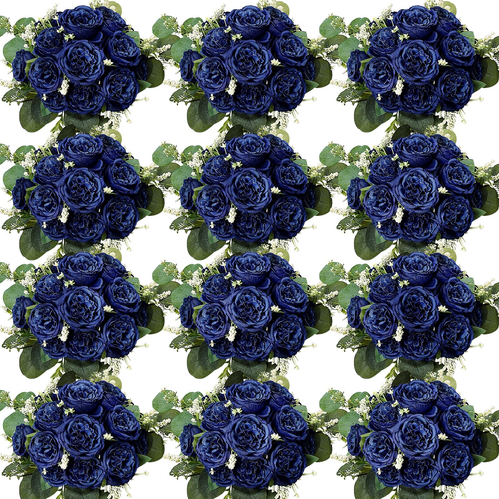 12 PCS Navy Blue Peonies Artificial Flowers Fake Silk Faux Eucalyptus Bouquet