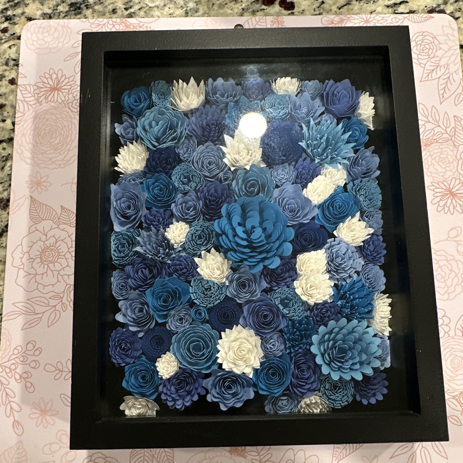 Blue White Artificial Flower Box Wall Decor Paper Wood Glass Floral Theme