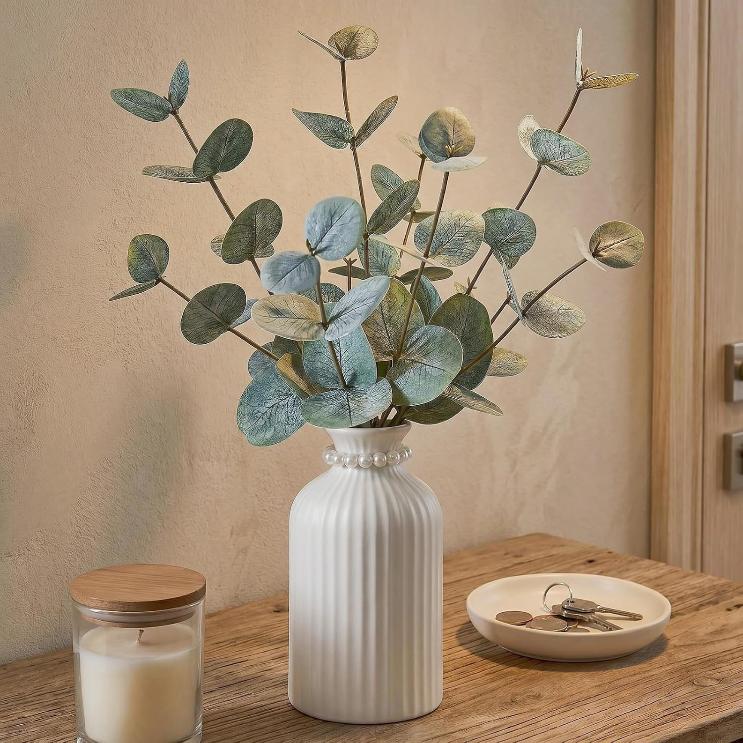 Artificial Eucalyptus Stems in Vase, Faux Plants with Frosted Ceramic Vase, Nord