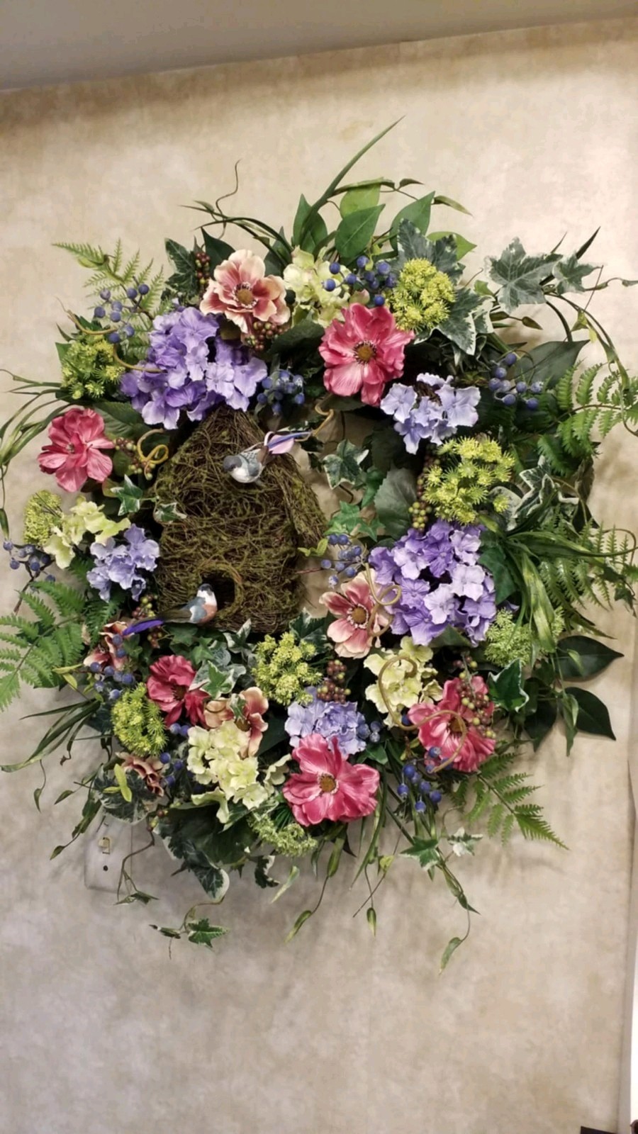 Flower Wreath Bird Decor Arrangement Spring Summer Wall Hanging
