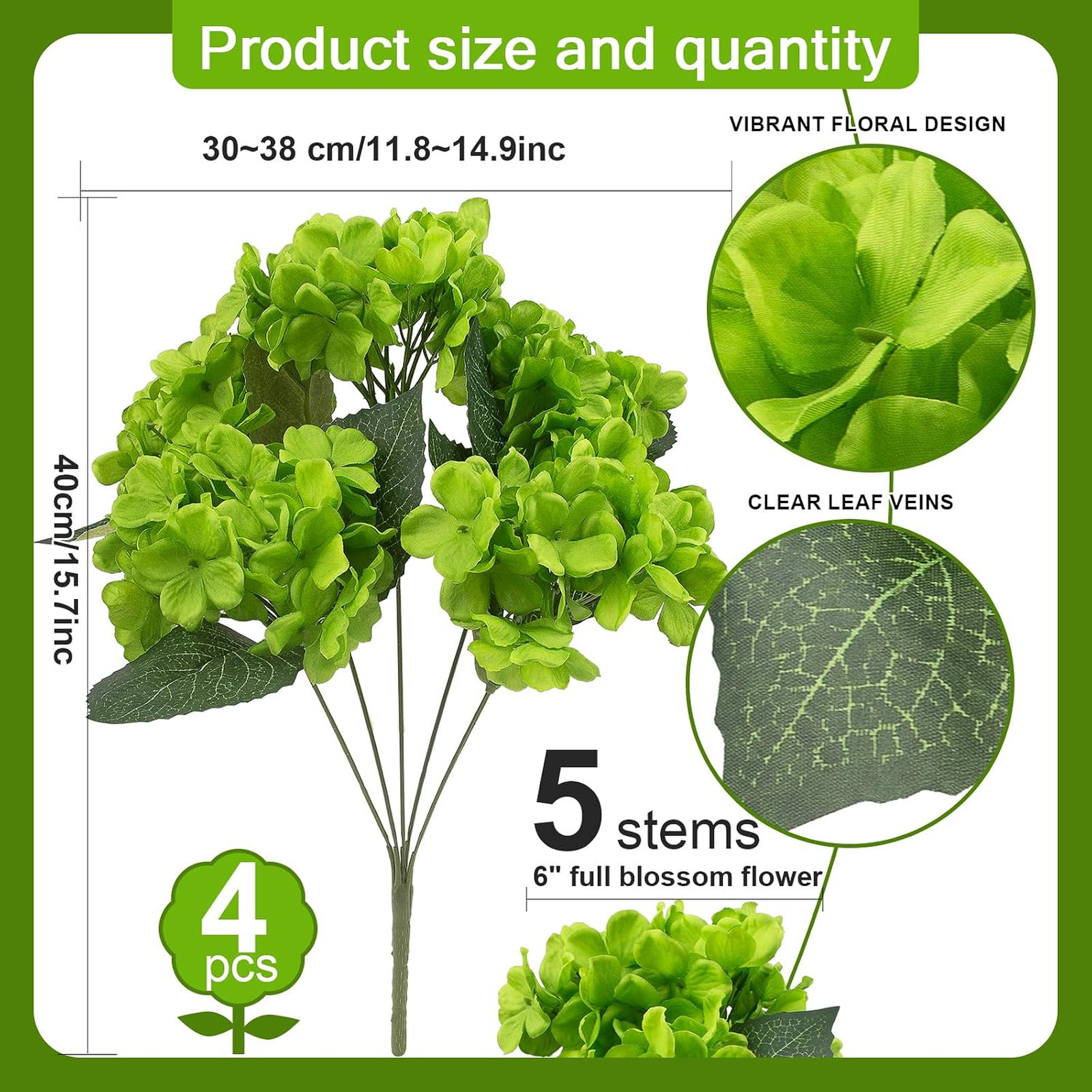 Artificial Hydrangea Flowers 4 Pcs Silk Bouquets UV Resistant Green Faux for
