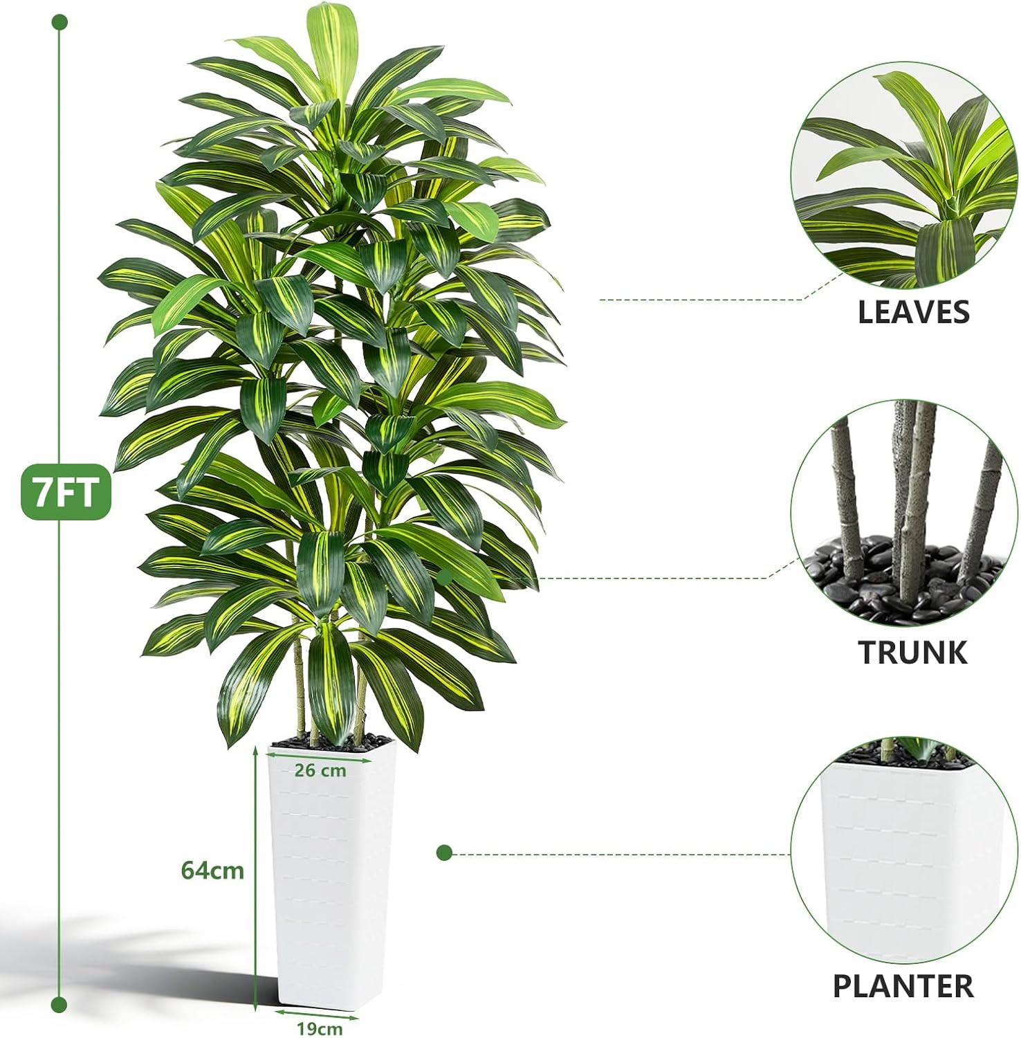 Artificial Dracaena Tree – 7FT Tall Fake Plants with White Tall Planter – Artifi