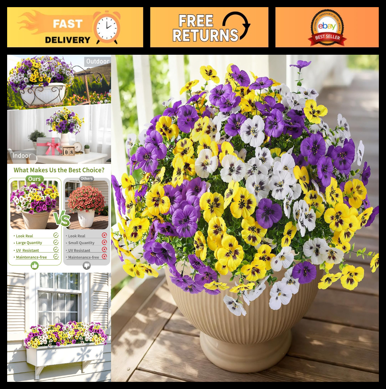 15 Pcs UV Protected Silk Pansy Flowers – Real-Touch Outdoor Decor for Gardens, P