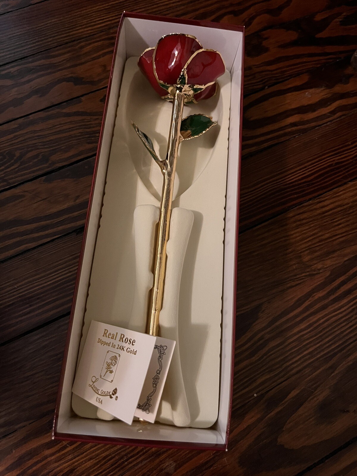 LIVING GOLD REAL RED ROSE PRESERVED & Dipped IN 24K GOLD. NEW IN BOX