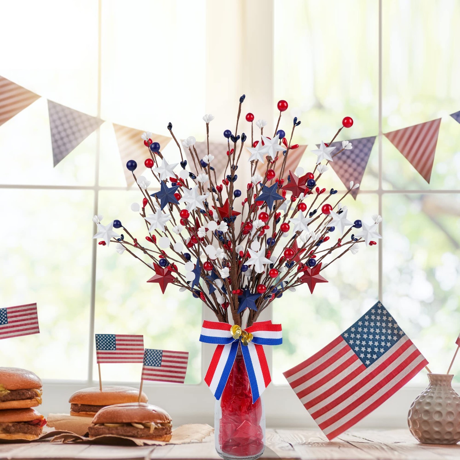 4 Pack Patriotic Berry Stem Picks – Red White Blue Stars for 4th of July Decor,