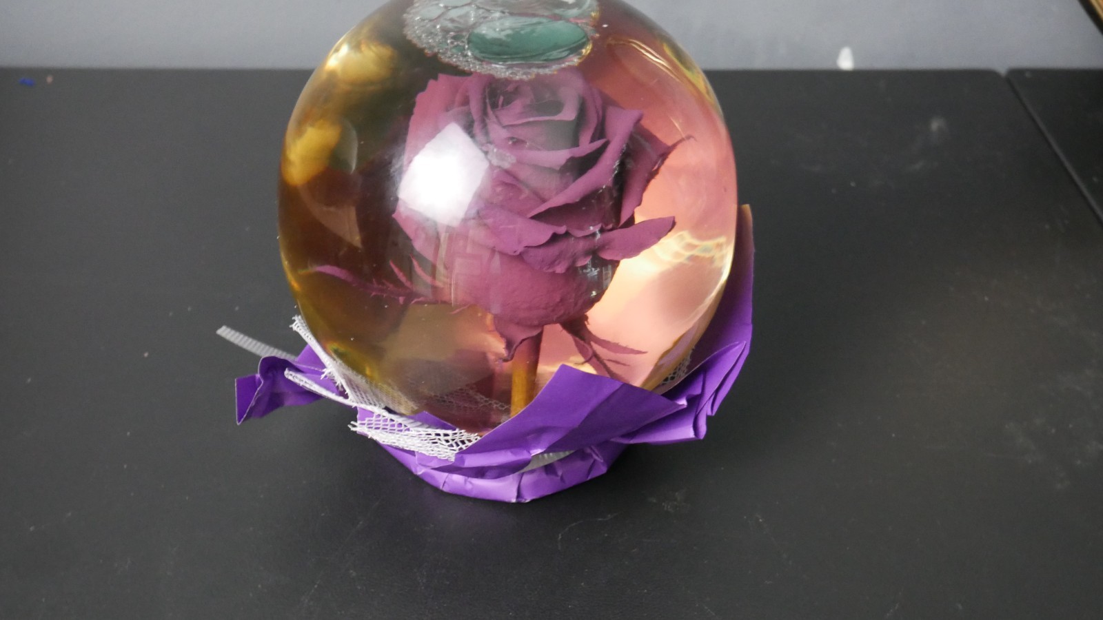 VIntage Preserved Lilac Real Rose in a glass Water Ball Dome Globe- Large 7”