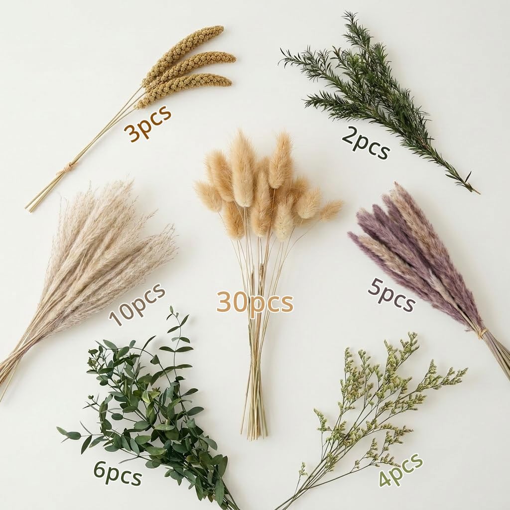17.7in Pampas Grass Decor Natural Dried Flowers Bouquet Bunny Tails，Eucalyptu…