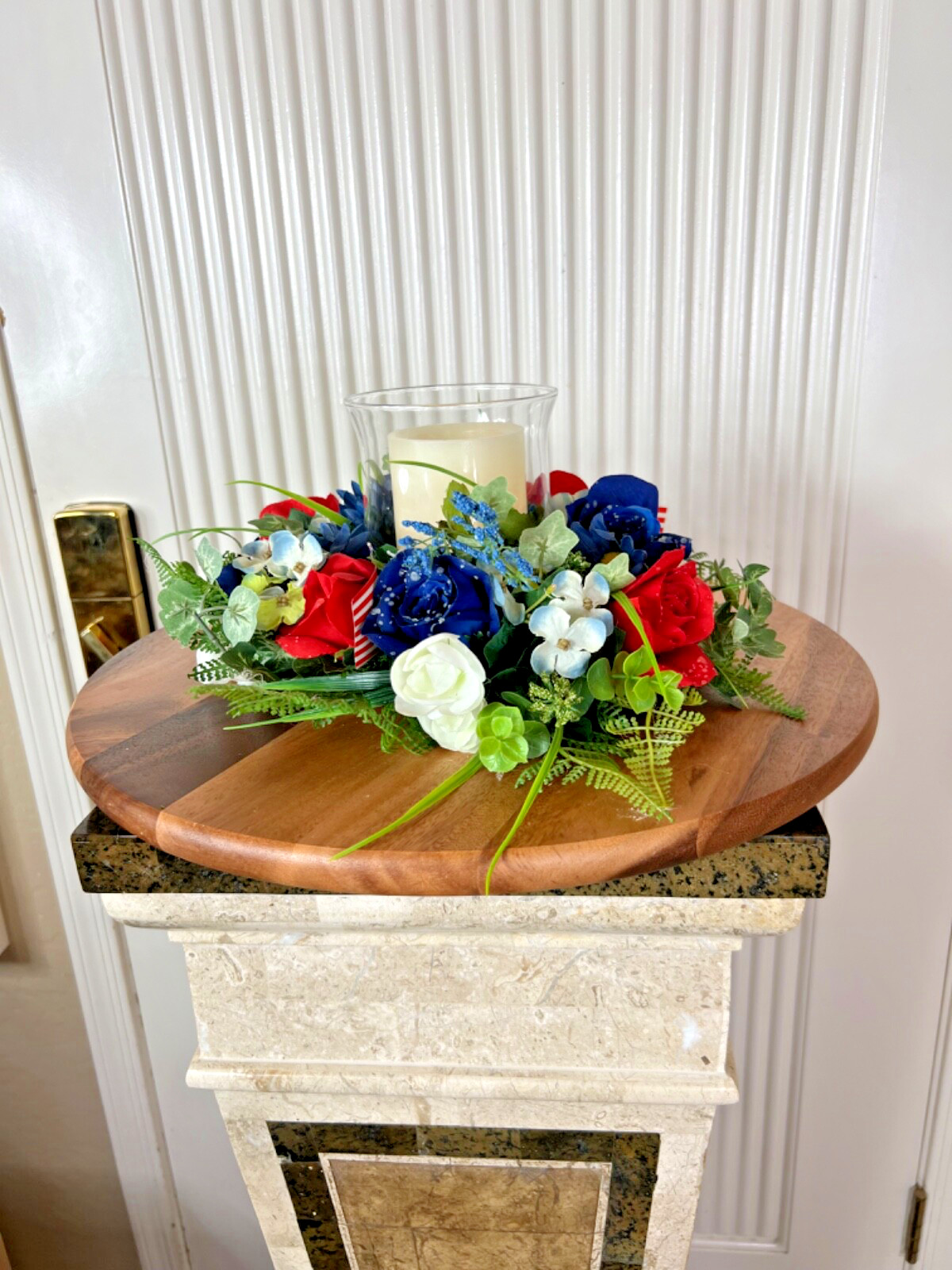 Hand-made New Patriotic Candle Wreath, Red, White, Blue Candle tabletop Decor