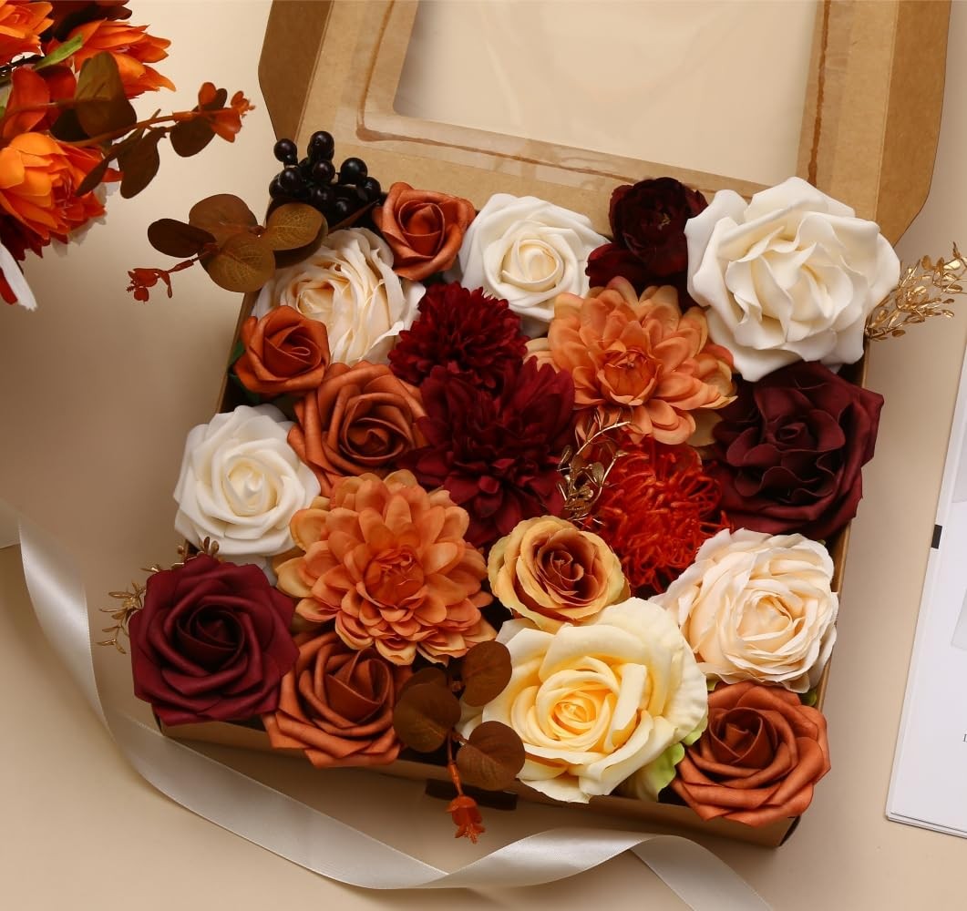 Artificial Flowers Orange Burgundy Combo Box Set For Diy Wedding Bouquet Arrange