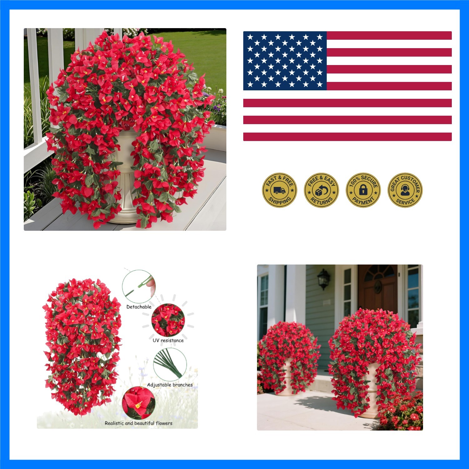 3 Pcs Artificial Bougainvillea Flowers for Outdoors, Red | Fake hanging plant…