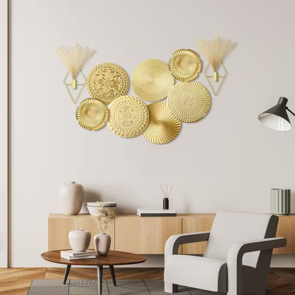 9 Pcs Gold Metal Wall Art Set Artificial Plant Modern Boho Pampas Grass Decor fo