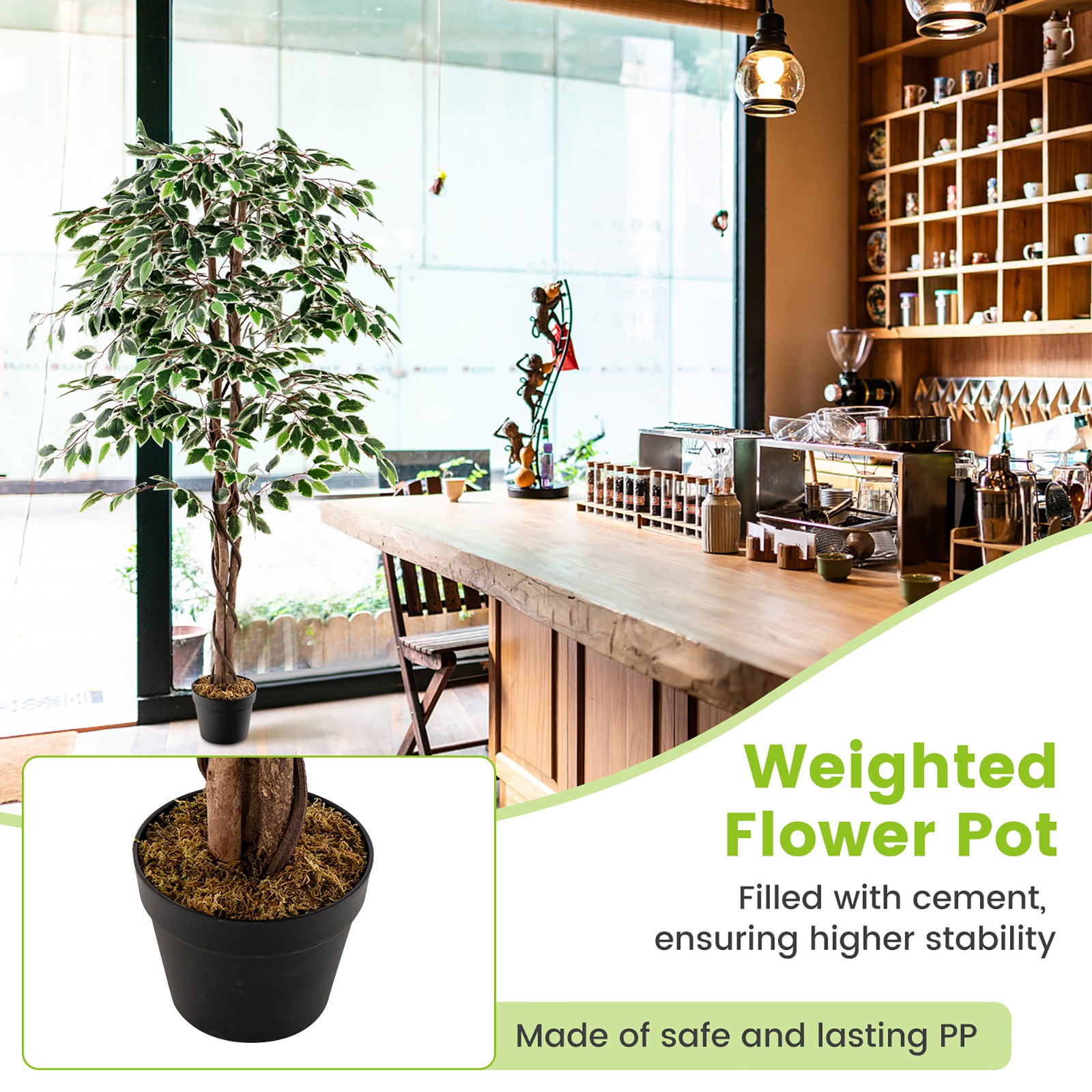 Artificial Ficus Tree Tall Faux Indoor Plant w/ 1008 Leaves Natural Wood Trunk
