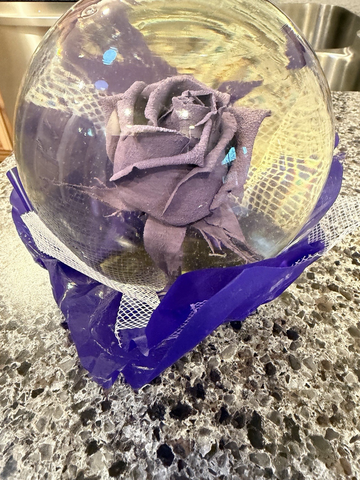 VIntage Preserved Lilac Real Rose in a glass Water Ball Dome Globe- Large 7”