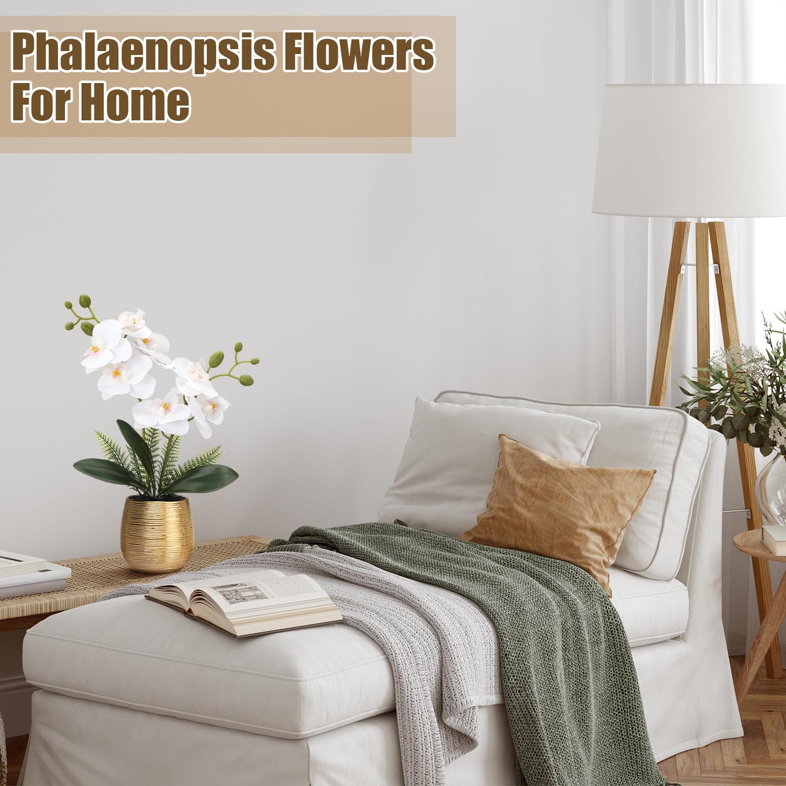 2 Pcs Orchids Artificial Flowers in Gold Ceramic Vase 13” White Fake Flowers…