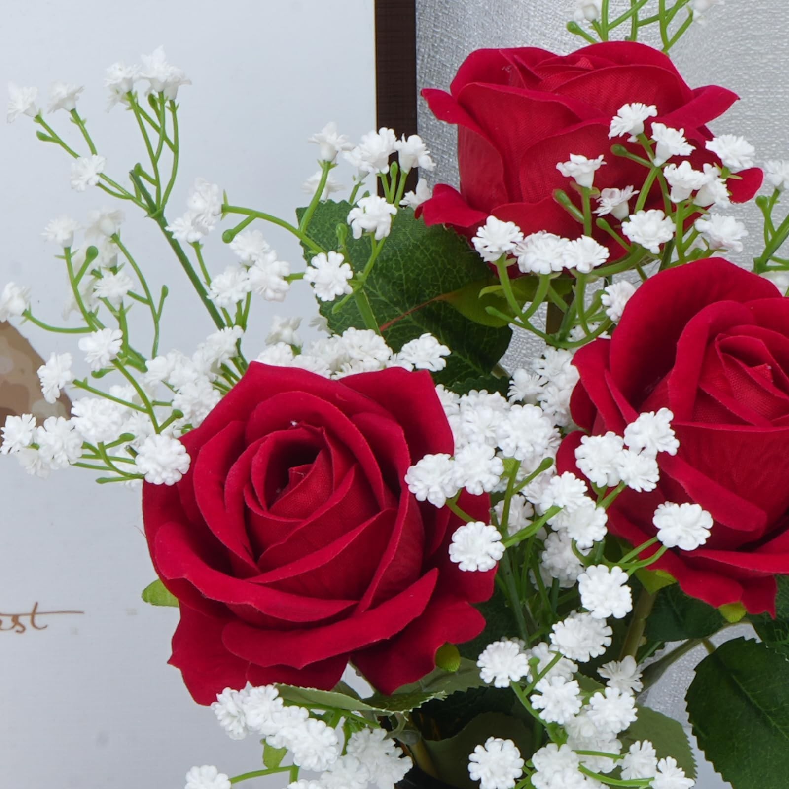 Red Velvet Roses With Faux Baby’s Breath Artificial Flower Arrangement Decor
