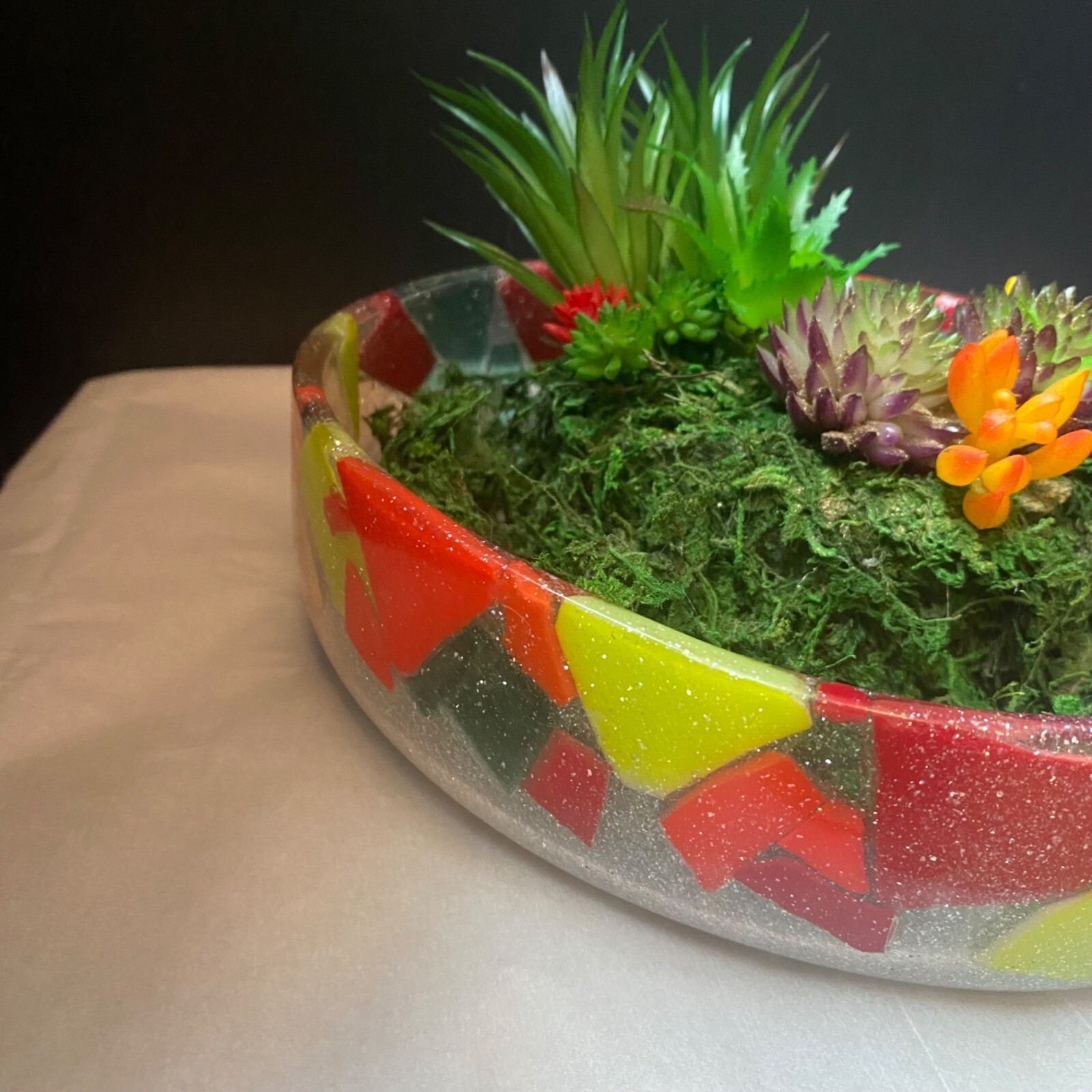Artificial Succulent Garden In Handmade Resin Mosaic Bowl Decor