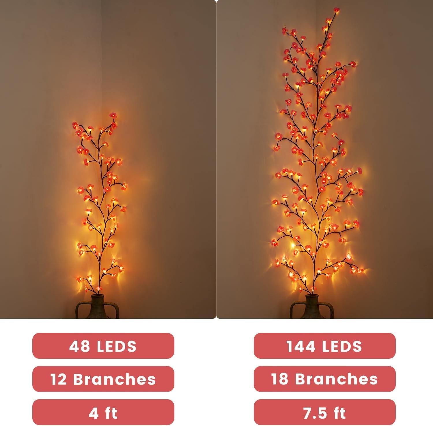 Cherry Blossom Vine Lights for Wall, 4FT 48 LED Pink Flower Lighted Willow Vi…
