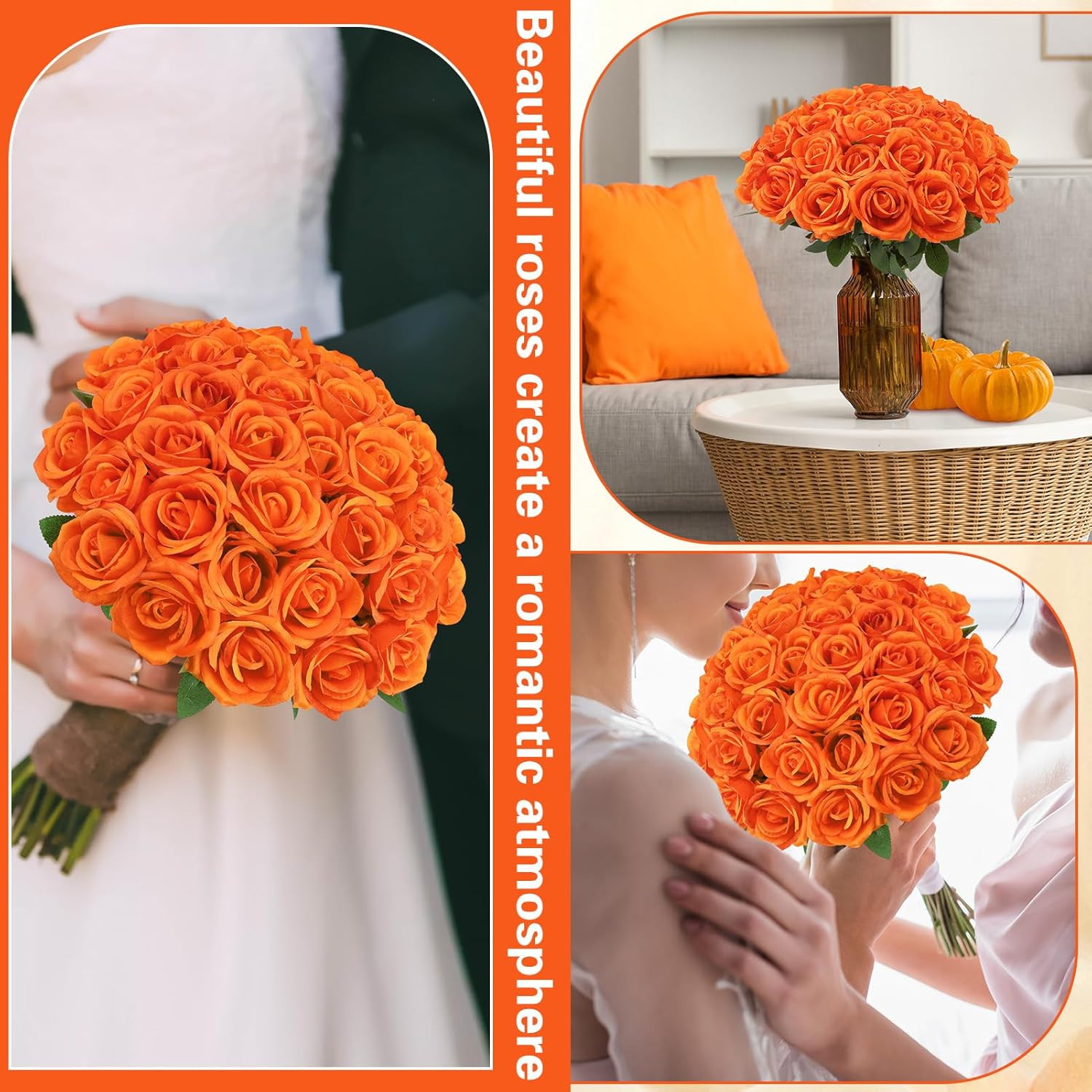 72 Pcs Burnt Orange Silk Roses – Realistic Faux Flowers for Home & Weddings