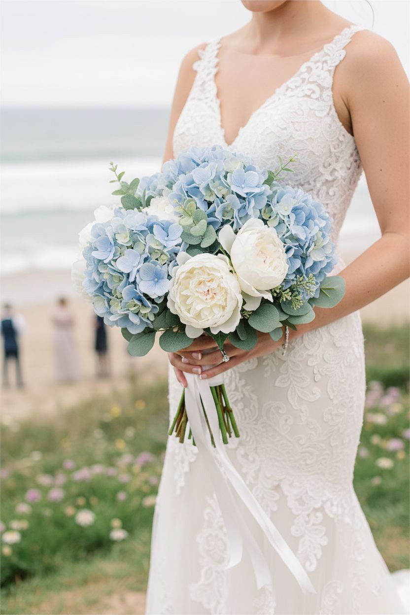 Soft Blue Artificial Hydrangea Stem Silk Flower Light Faux Floral Wedding Decor