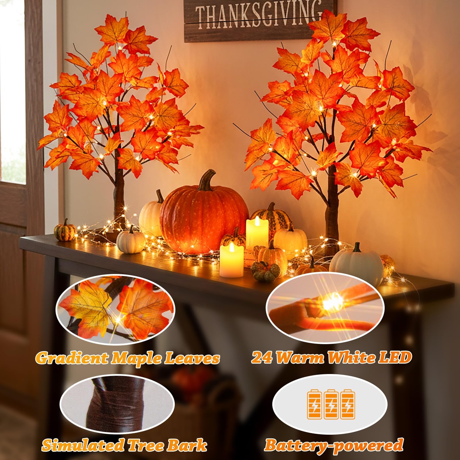 Fall Decorations Maple Tree with 24 LED Lights Tabletop Thanksgiving Gift 2 Pack