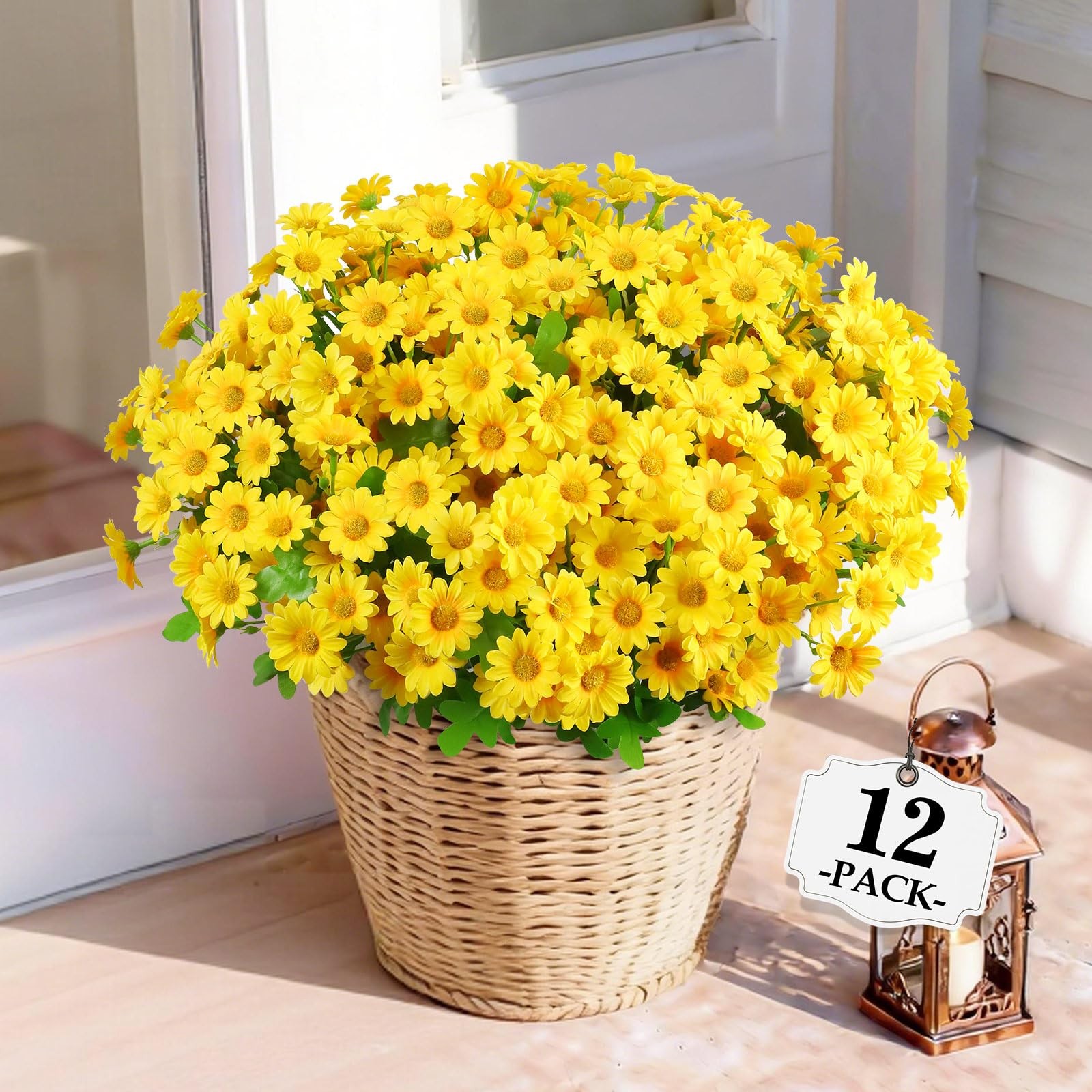 Fake Flowers, 12 Bundles Yellow Daisy Flowers, Uv-Resistant Artificial Outdoo…