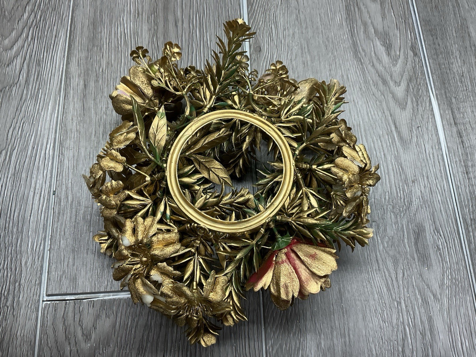 Vintage Pair 9″ Candle Ring Plastic Gold Greenery 3″ Pillar Centerpiece Chistmas
