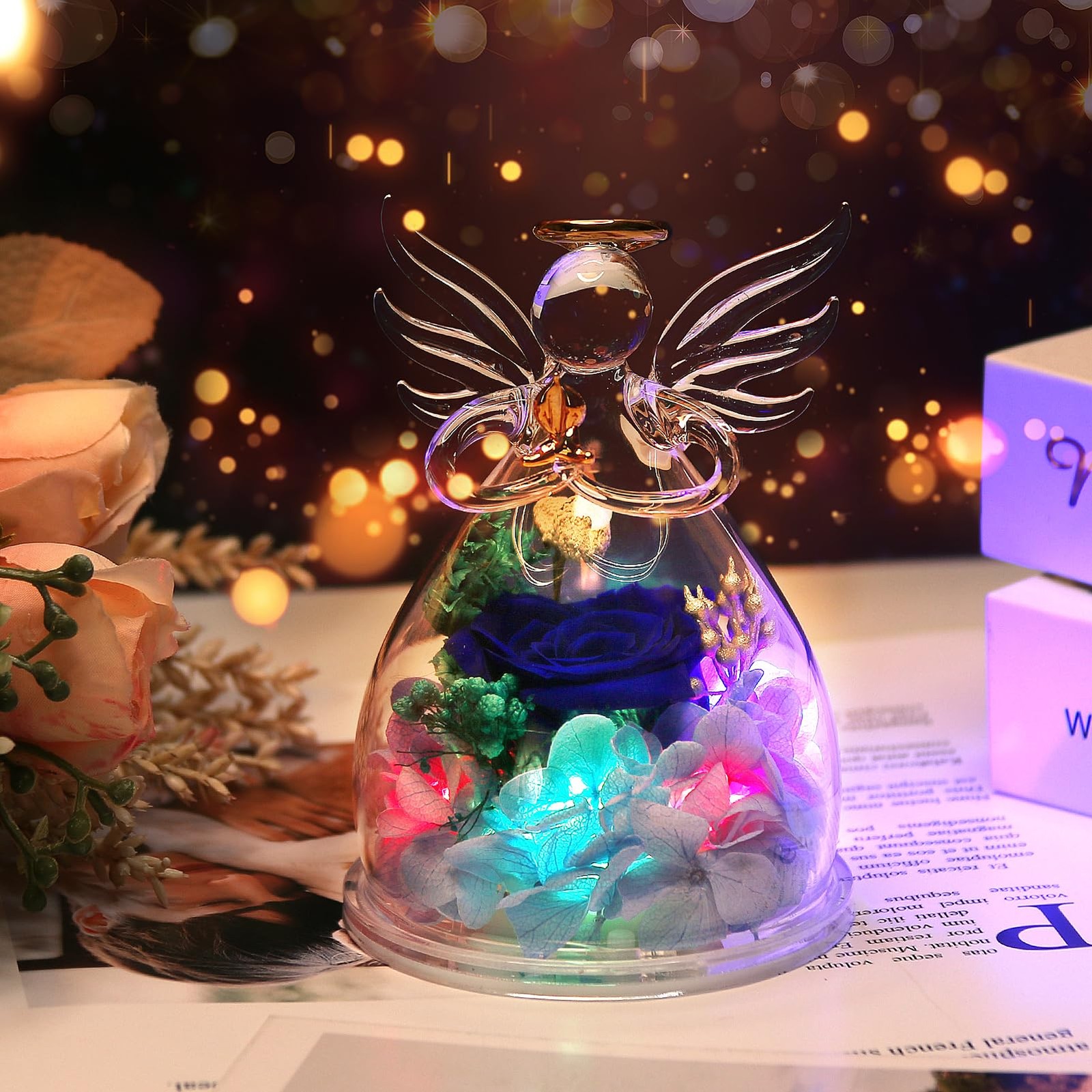 Mothers Day Gifts Fresh Preserved Flowers In Angel Figurine Light Up Blue Decor