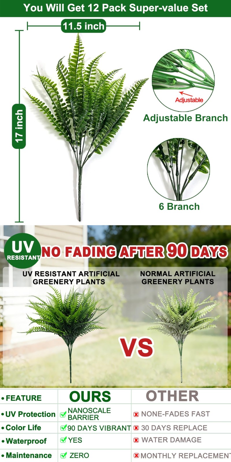 12 Bundles Fake Boston Fern Artificial Plants Outdoor Spring Decor, UV Resistant