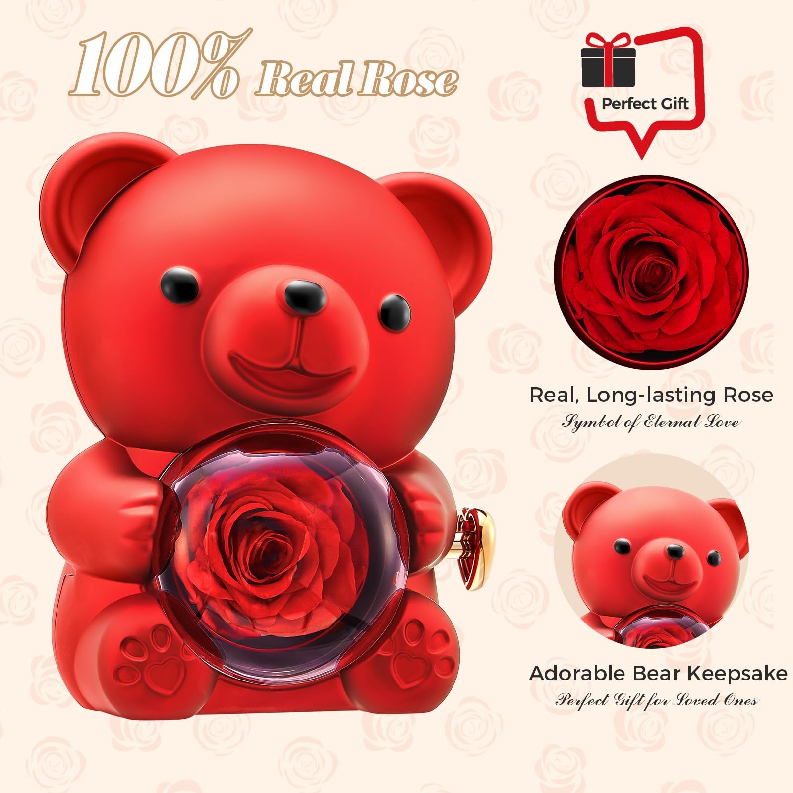 Romantic Teddy Red Bear with Preserved Rose – Real Rose in Elegant Black Gift…