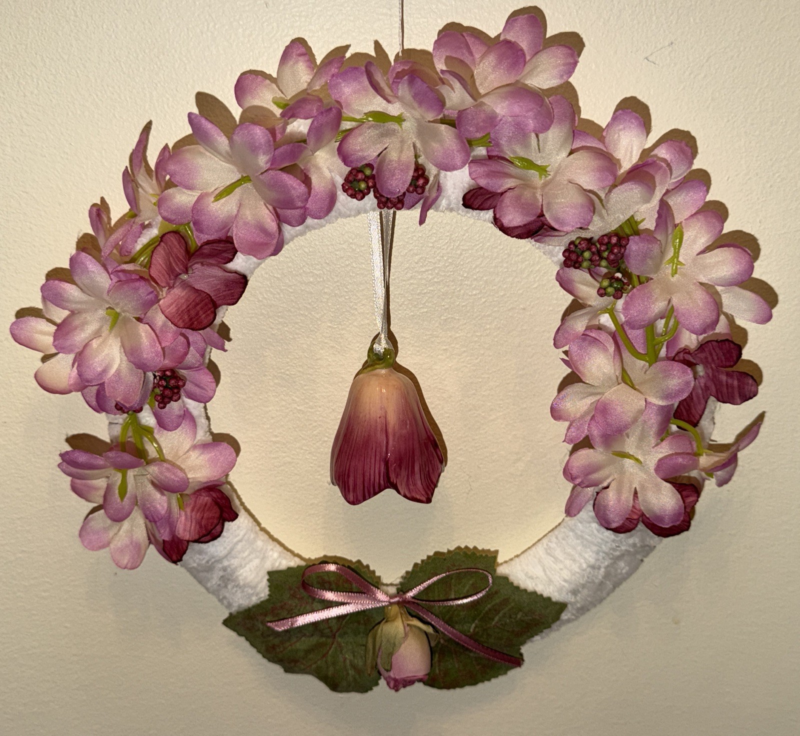Pink Cherry Blossom Silk Floral Wreath W/Bell-Shaped Dangle Ceramic Flower Cheni