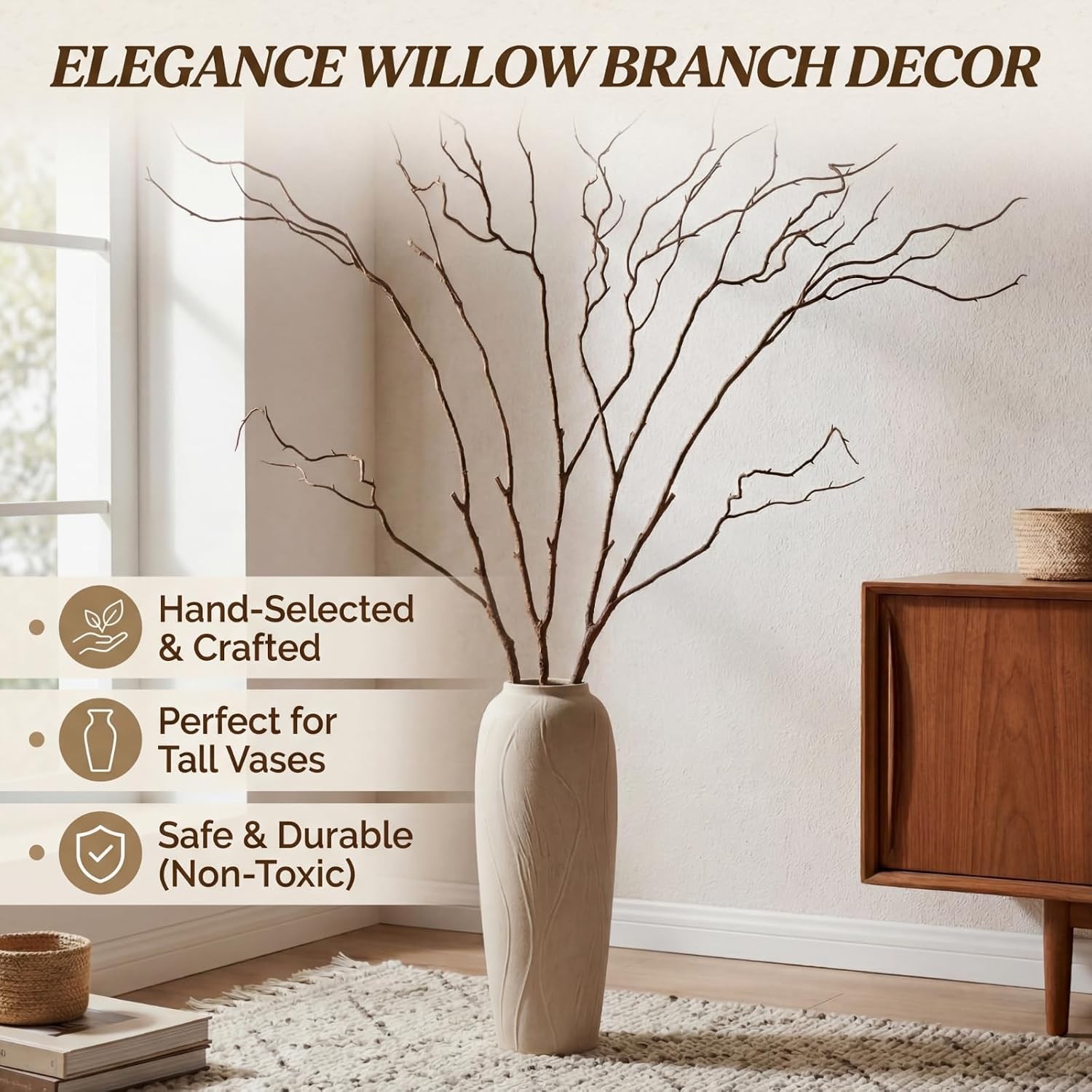 3 Pcs 65 Inch Lifelike Curly Willow Branches for Vases Artificial Decorative