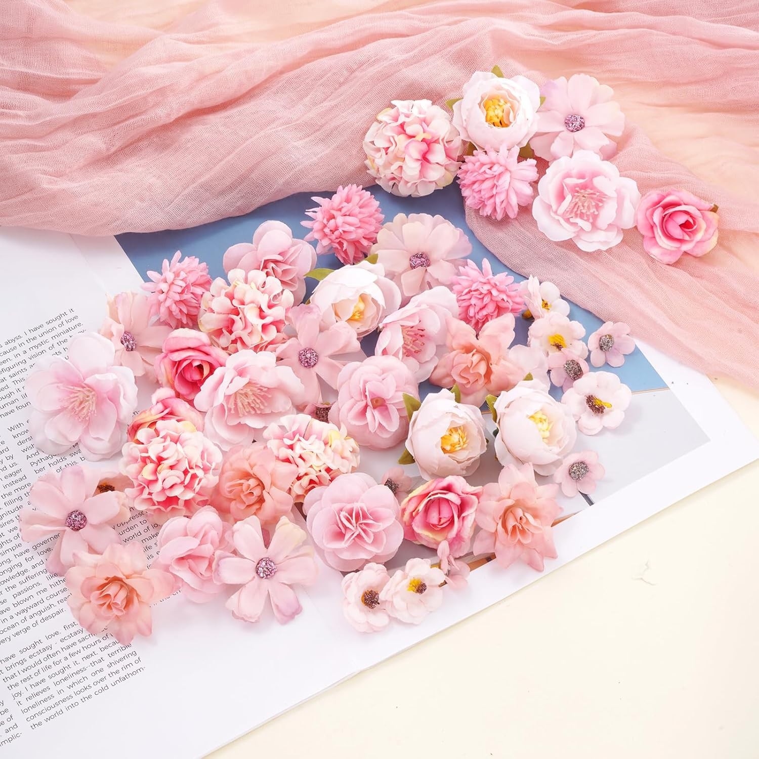 Pink Flowers Heads Mini Fake Pink Flowers Rose Daisy Faux Flowers Bulk for Craft