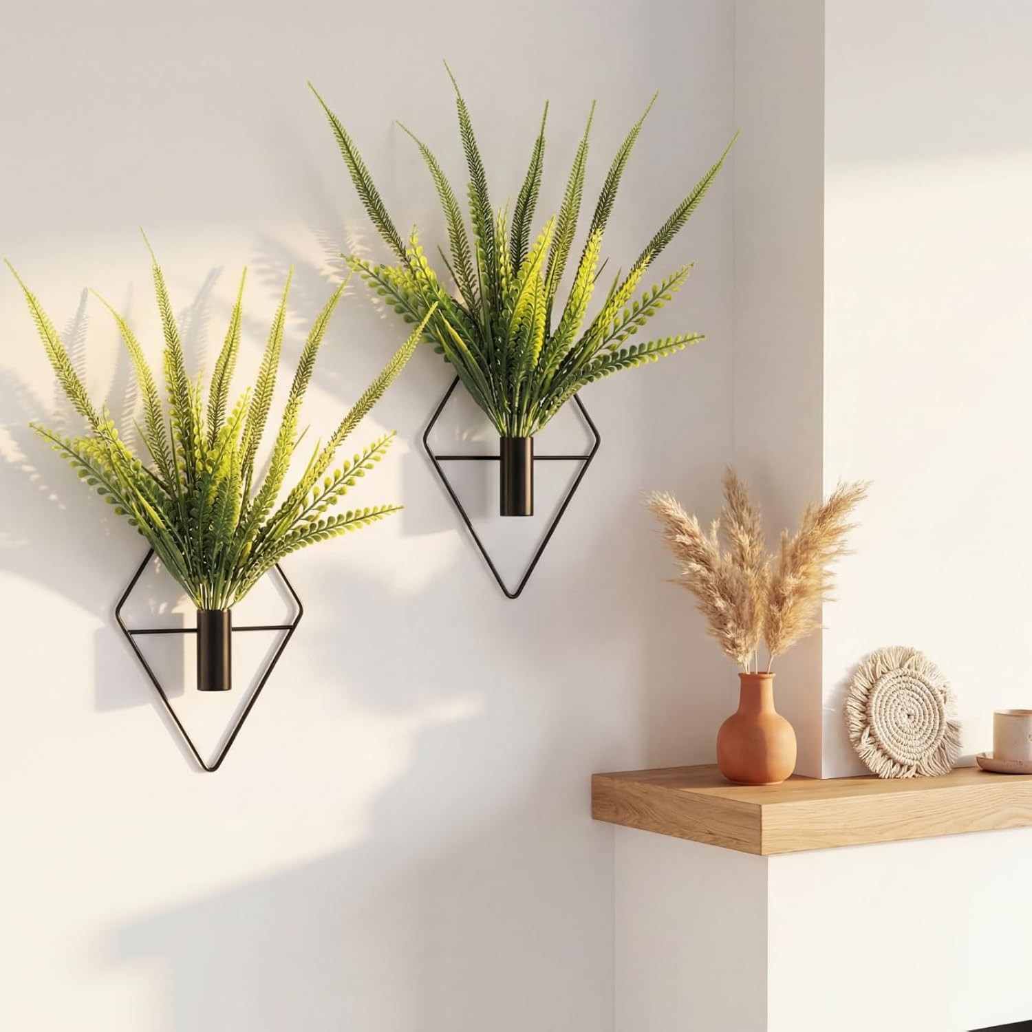 2 Pieces Gold Wall Decor Hanging Planters W/ Artificial Plants Metal Vase Indoor