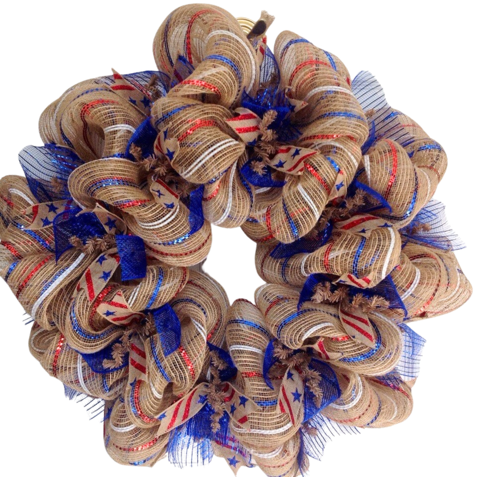 Burlap Striped Patriotic Ribbon Wreath Handmade Deco Mesh