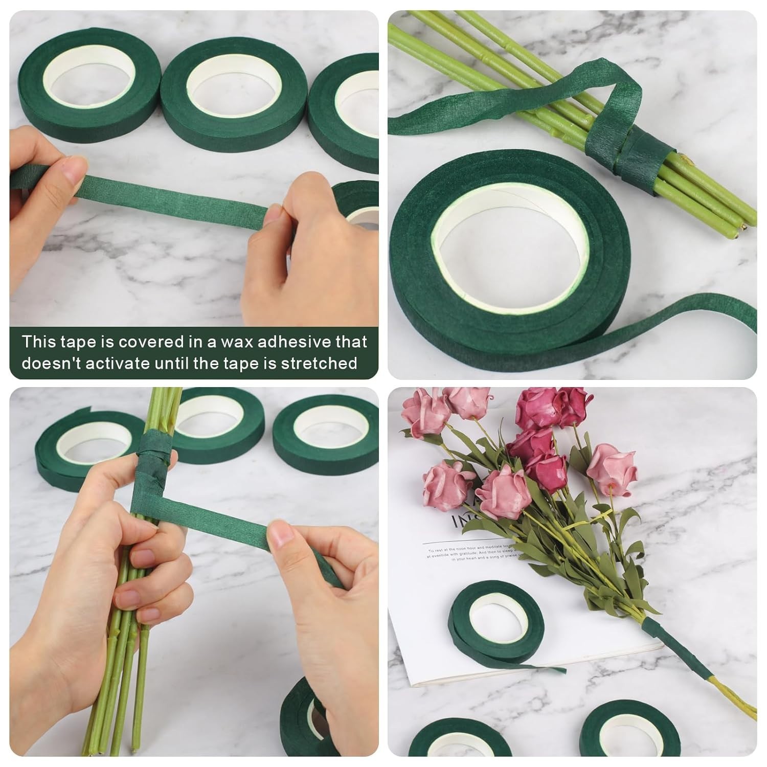 6 rollos de cinta floral de 1/2 pulgada, color verde oscuro para envolver tallos