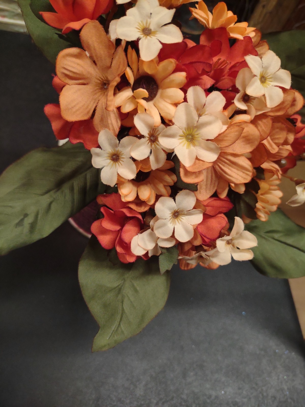 8.5″ Vintage Fall Silk Bouquet, 9 Stems Peach & Persimmon Orange Earthtone Daisy