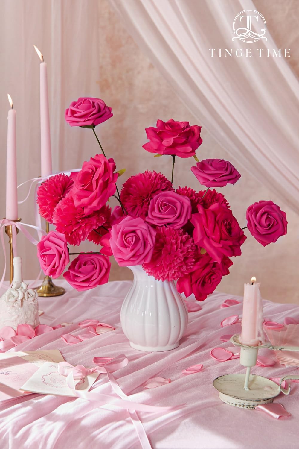 Rose Artificial Flowers Combo, 23pcs Hot Pink Gradient Fake Flowers Chrysanth…