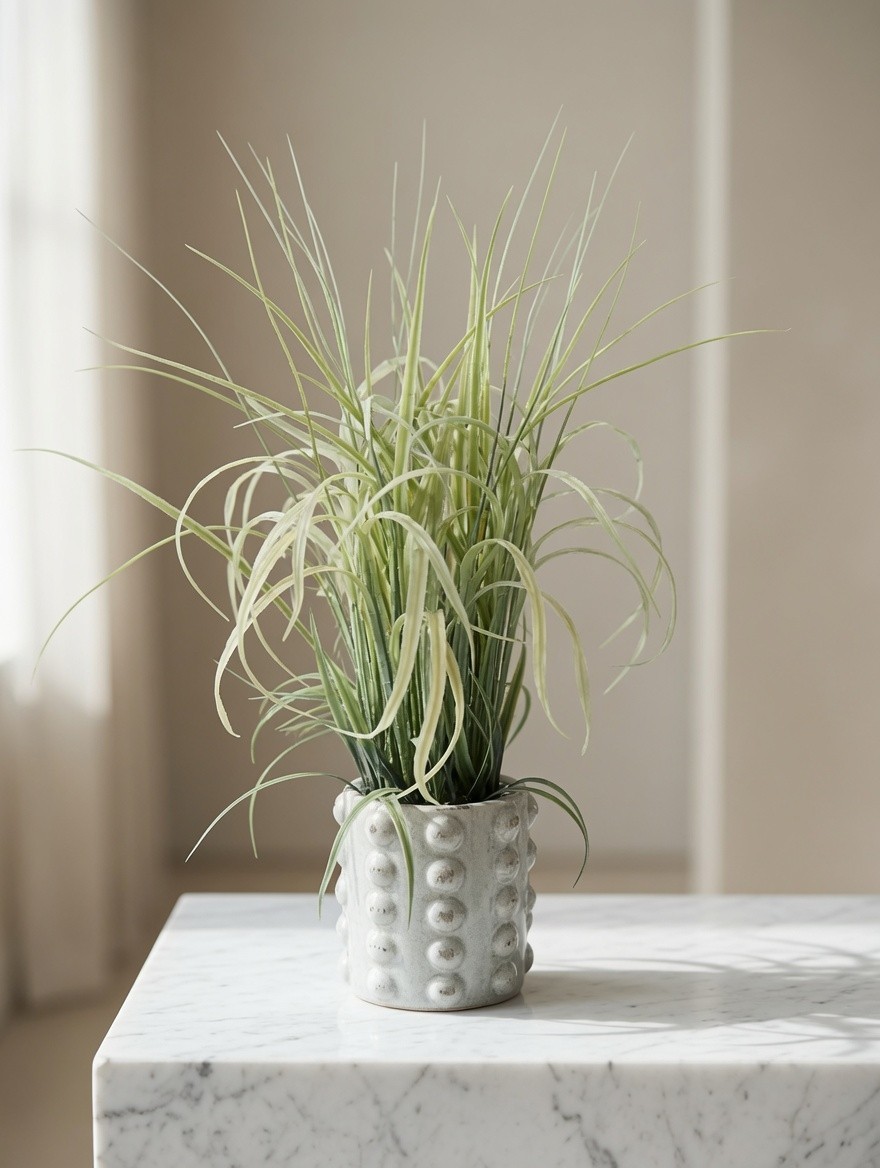 Artificial Grass Houseplant Arrangement Ribbed Textured Ceramic Pot Planter VG
