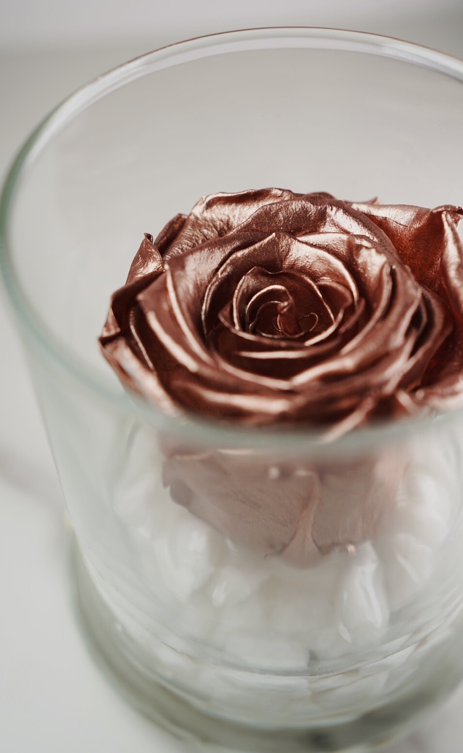 Real Rose Gift in Glass Jar Base White Stones Metallic Rose Gold Gift For Gf