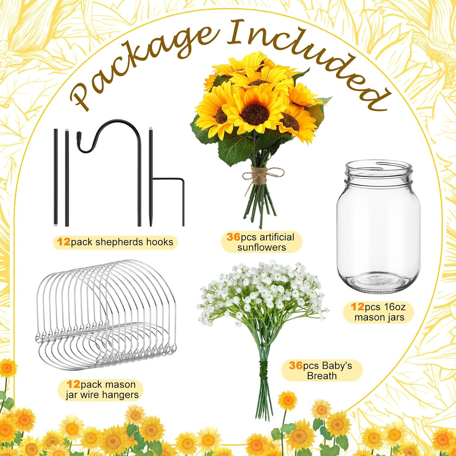 Sunflower Mason Jar Wedding Decor Kit with Shepherd Hooks – 108 Pcs Set