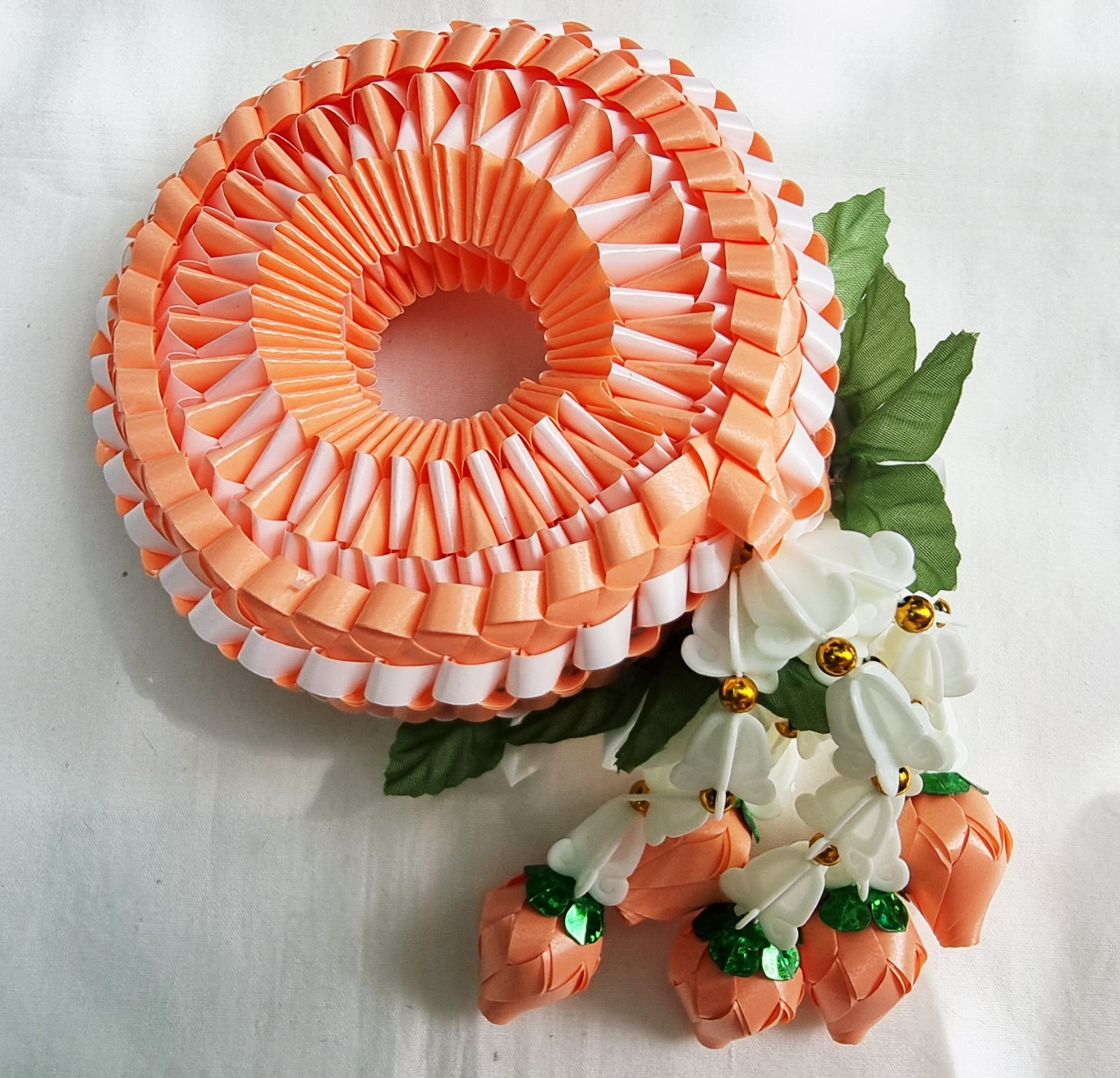 Ribbon folding art, Garland, Artificial Light Orange flowers made from plastic