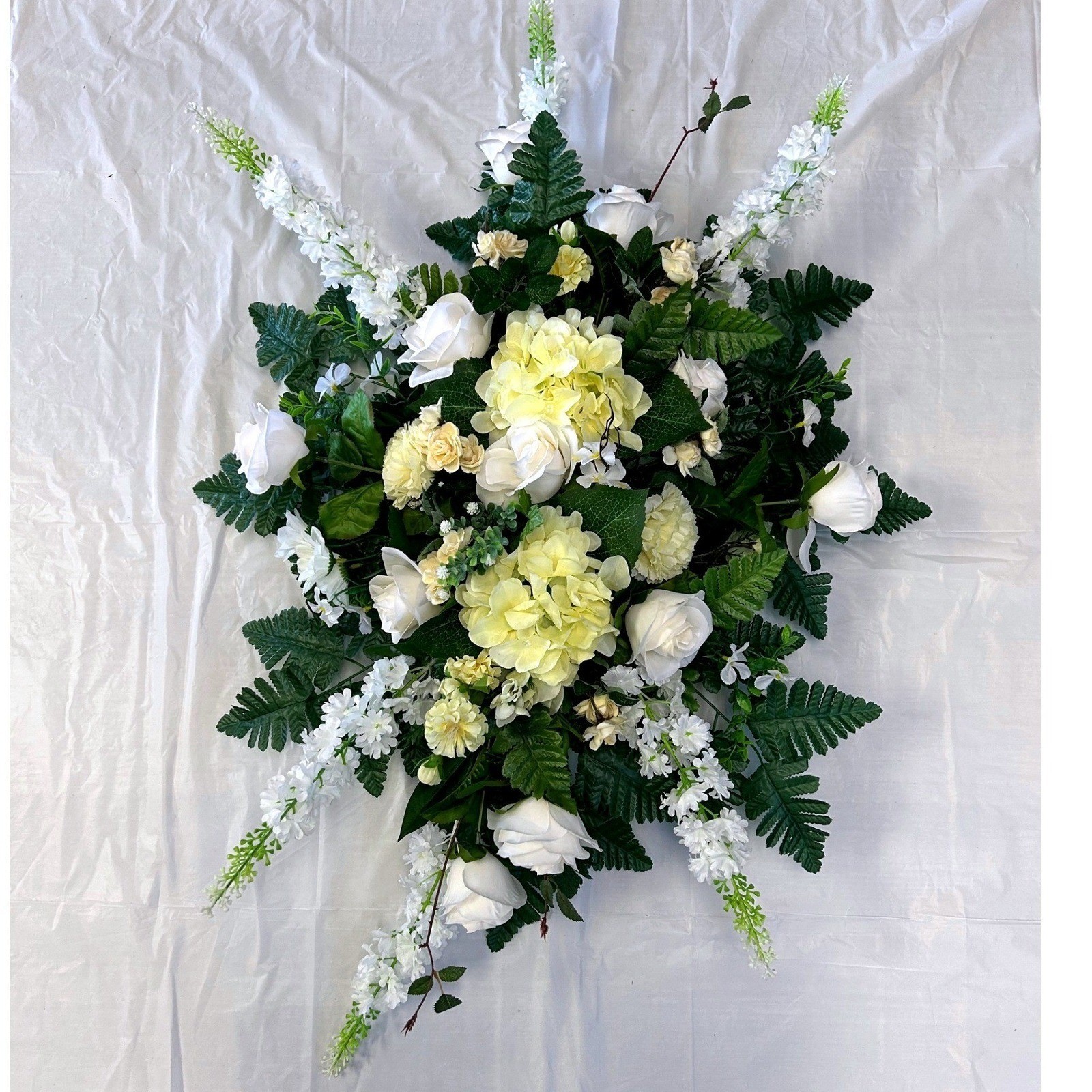 White Rose Yellow Hydrangea Silk Floral Saddle Cemetery Spray Wedding Centerpiec