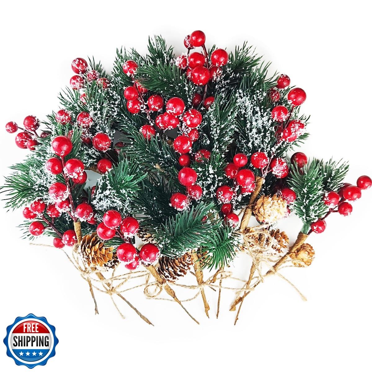 TIHOOD 20PCS 8inch Artificial Christmas Floral Picks, Red Fake Berry Picks St