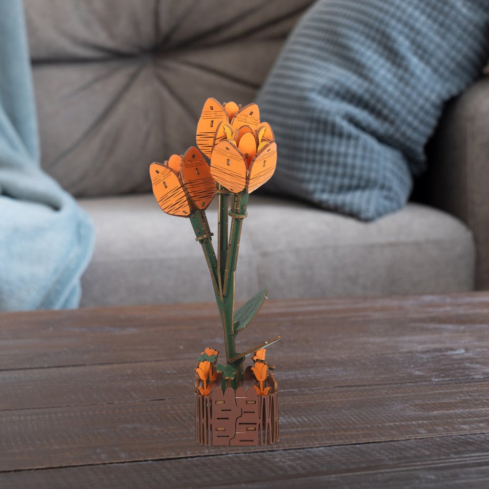 Durable Wooden Tulip Building Blocks Set Kids DIY Flower Bouquet Kit