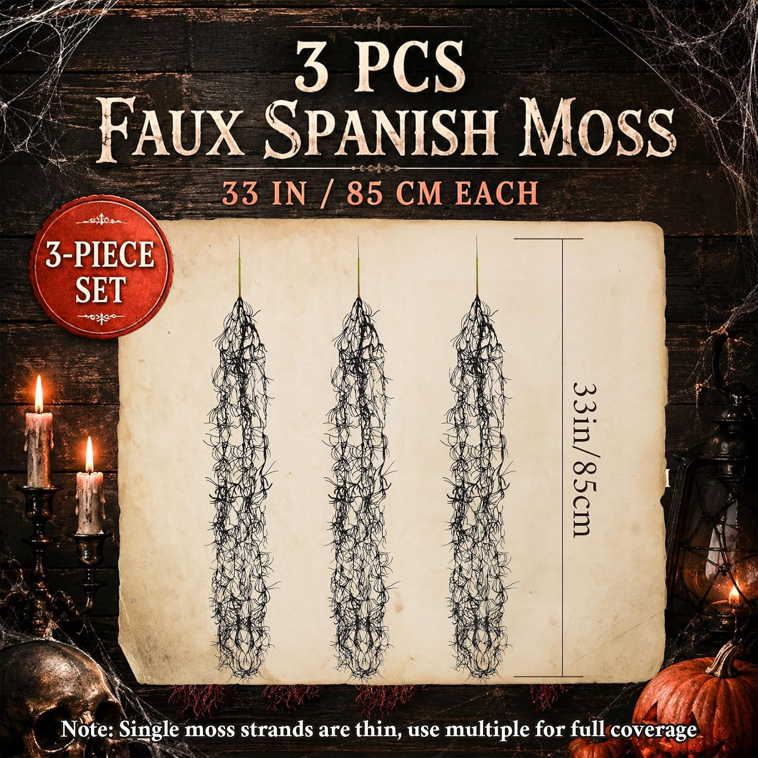 Fake Spanish Moss – 3 PCS Black Halloween Hanging Spanish Moss | 33 Inch Faux Gr