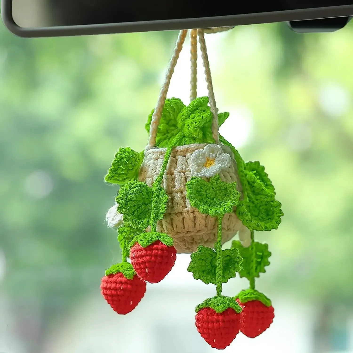 Crochet Hanging Basket Strawberry Plant Car Decor Rear View Mirror Charm