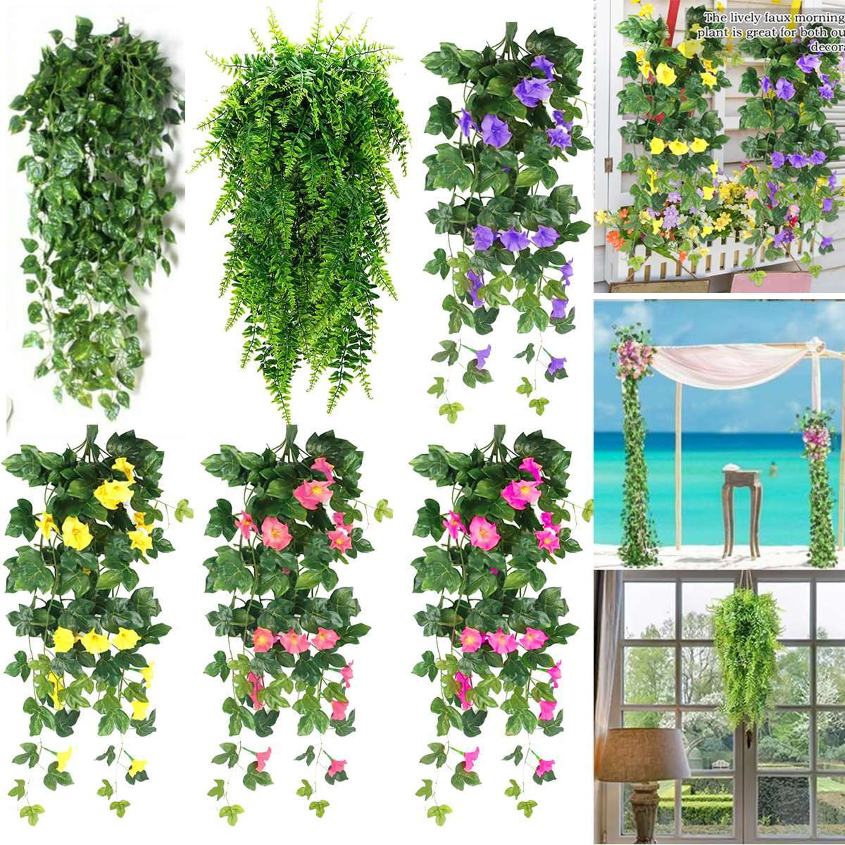 Artificial Fake Hanging Flowers Plants Bouquet Fern Leaf Vine Home Garden Decor